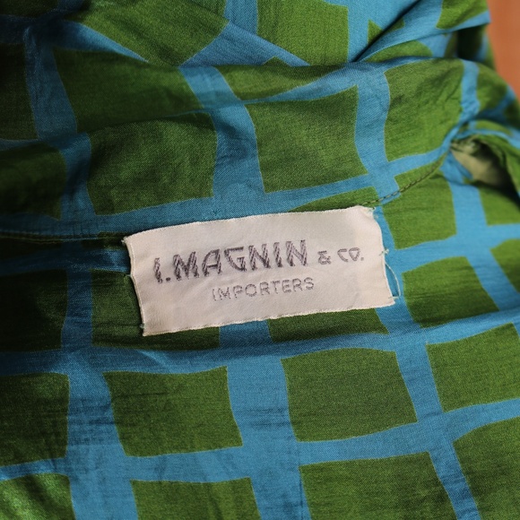 Vintage I. Magnan 100% Silk Green & Blue Geometric Square Shirt Dress - Picture 14 of 17